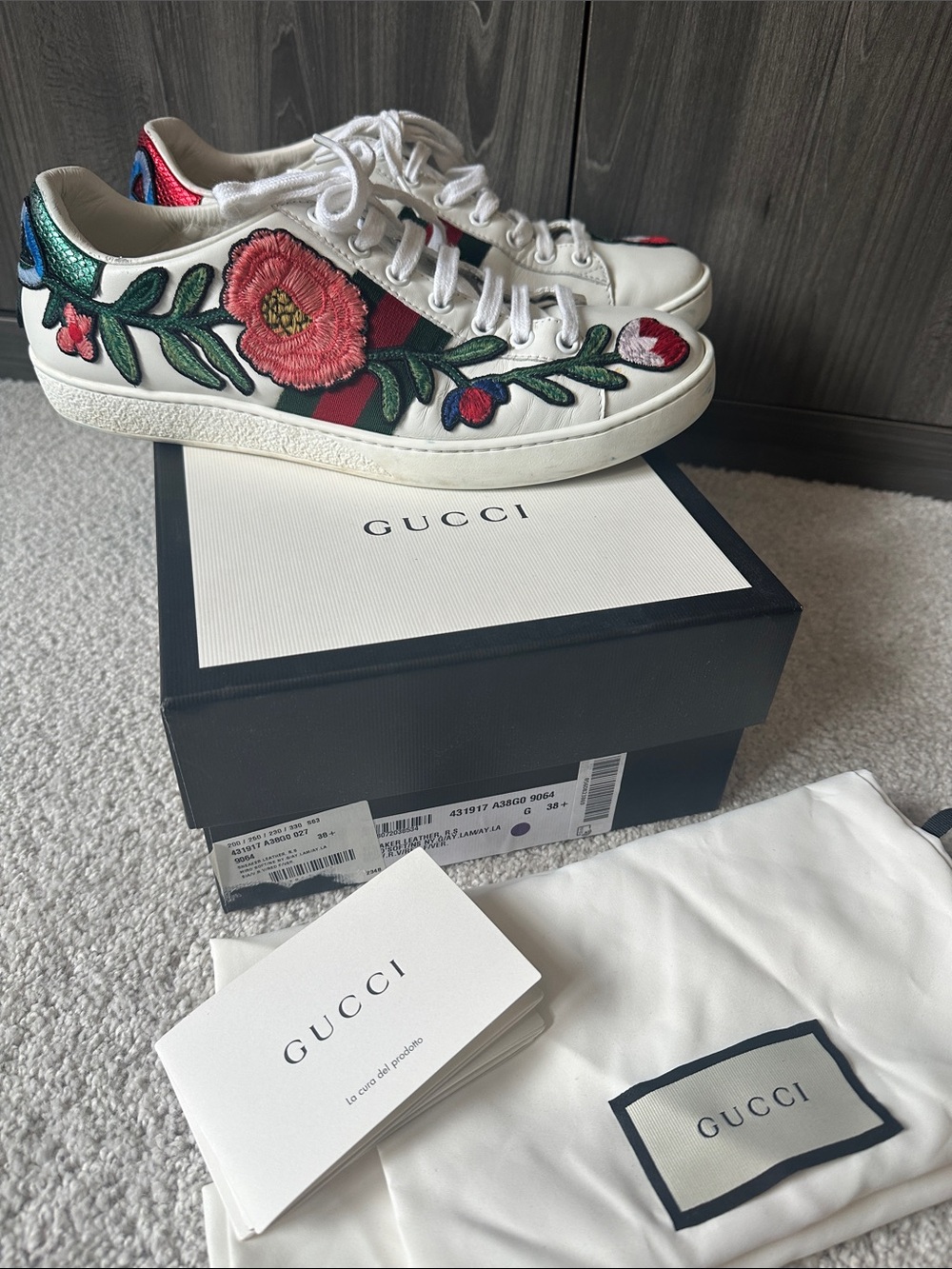 Gucci White Leather Sneakers with Red & Green Floral Embroidery